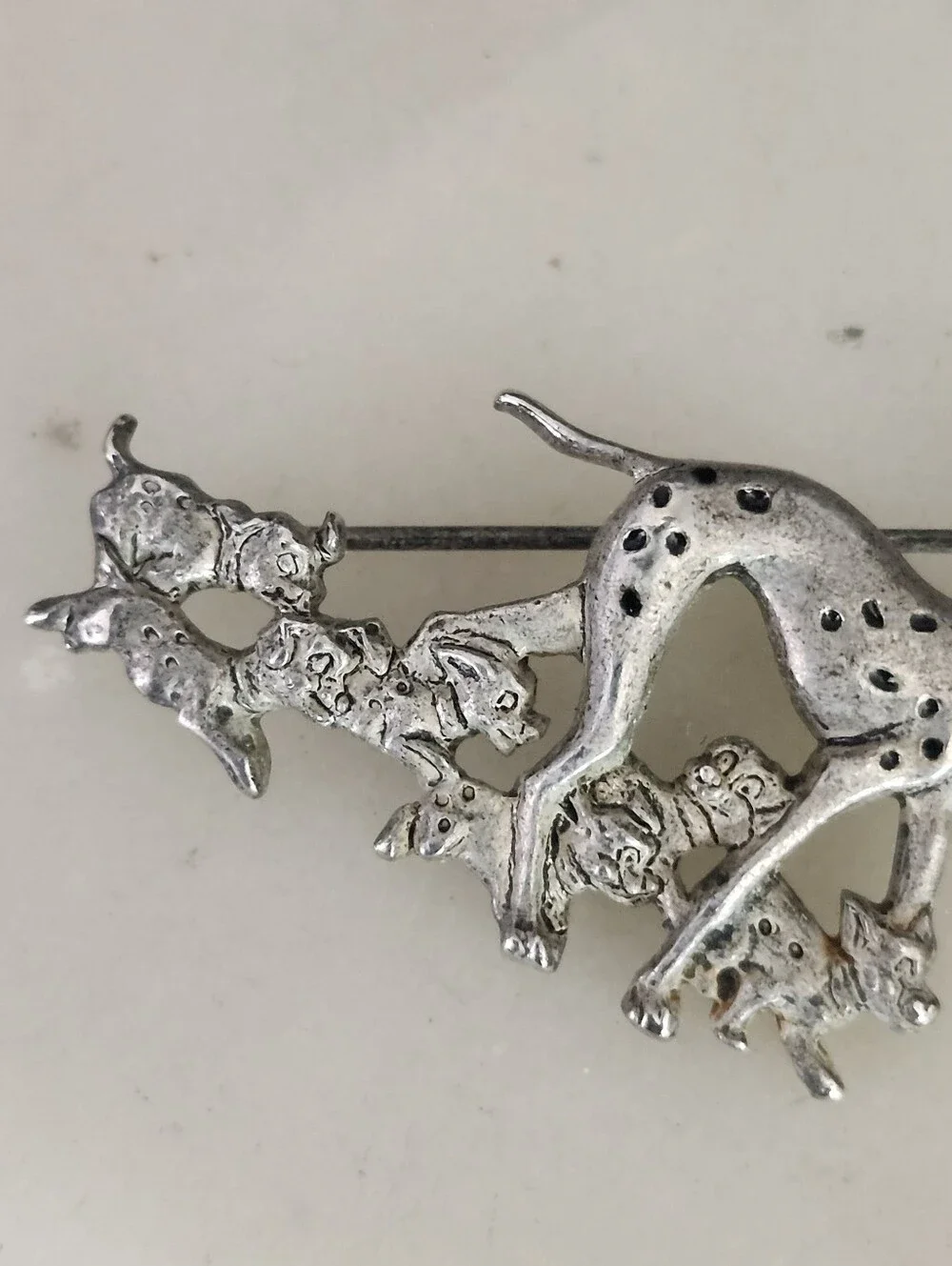 Silver Tone Dalmatian Mother & Puppies Brooch with Blue Accents
